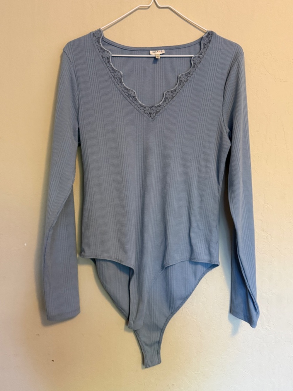 Self e Womens bodysuit blue Ribbed Lace-Trim Long Sleeve ribbed soft pastel A17